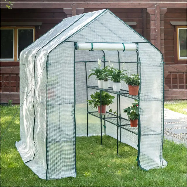 BukkitBow polytunnel tuinkas voor groenten teelt, compact met groot luik en drie bloemenplanken, 143x215x195 cm.
