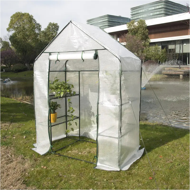 BukkitBow polytunnel tuinkas voor groenten, compact ontwerp met groot luik en 3 bloemenplanken, 143x73x195cm, winterbestendig.