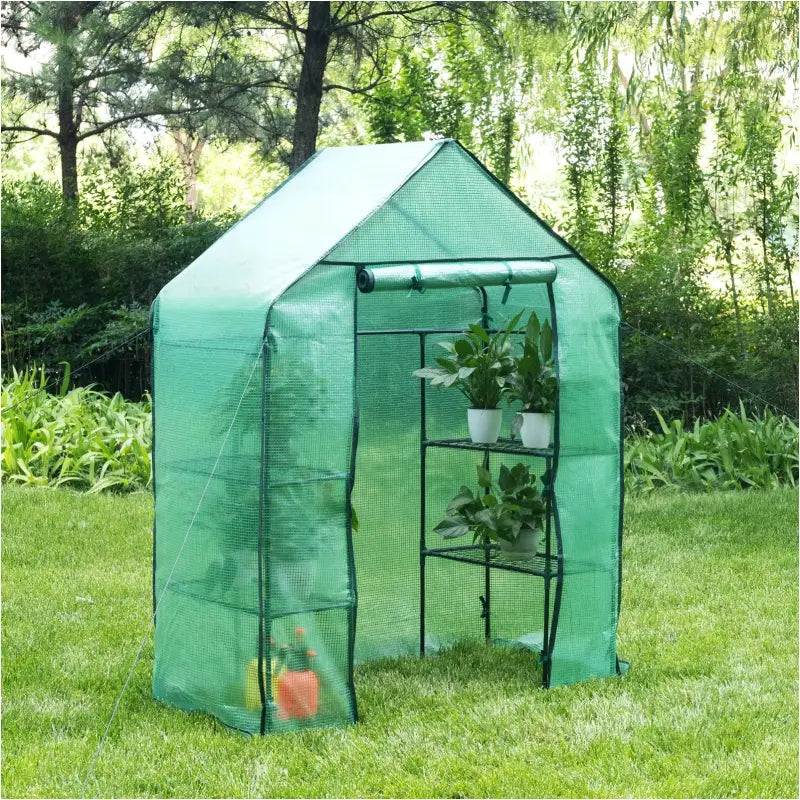 BukkitBow polytunnel tuinkas voor groenten teelt, compact design, groot luik en drie bloemenplanken, 143x73x195 cm.