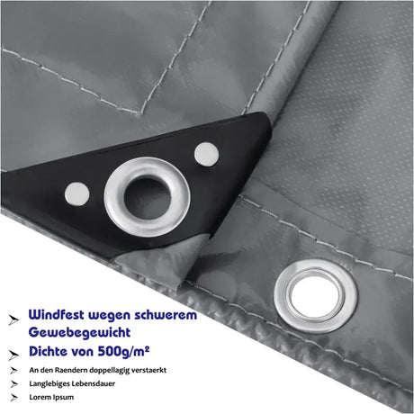 Lichtgrijs PVC afdekzeil van BukkitBow, UV- en weerbestendig, 500g/m² met gegalvaniseerde oogjes, geschikt voor diverse toepassingen.