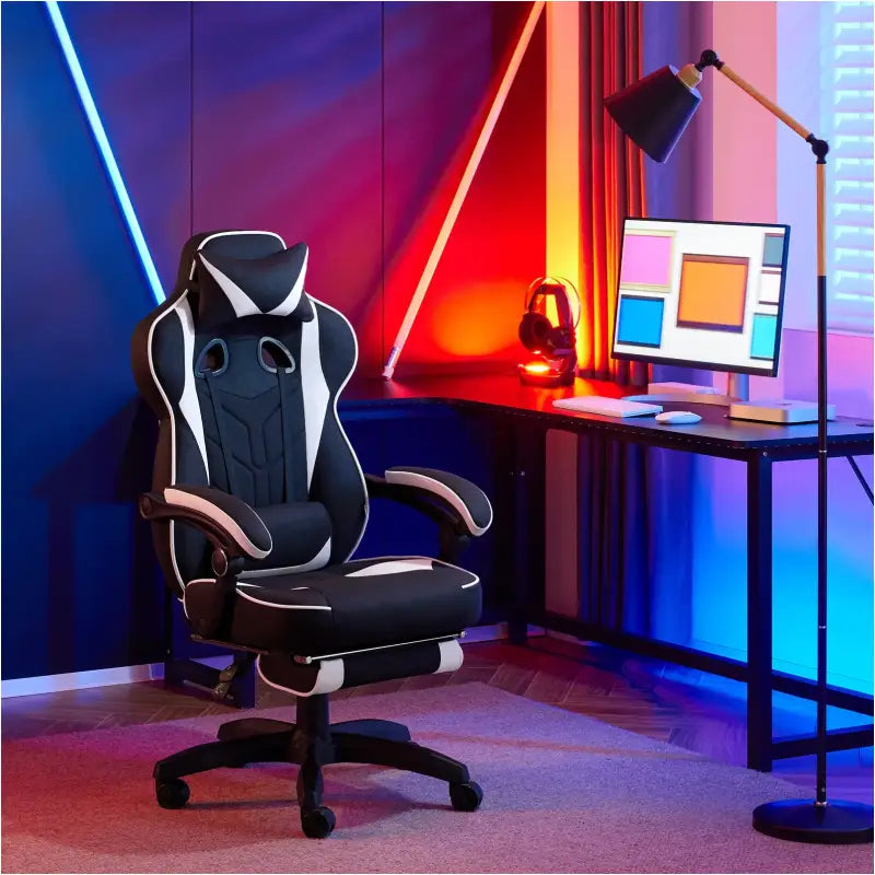 BukkitBow racing gamestoel in fluweel met rug-, nekkussen en voetensteun, 49 cm hoog, comfortabele gaming stoel.