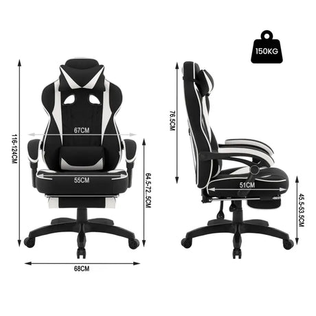 BukkitBow racegamingstoel van fluweel met rugkussen, nekkussen en voetensteun, hoogte 49 cm, geschikt voor gamen en comfortabel zitten.
