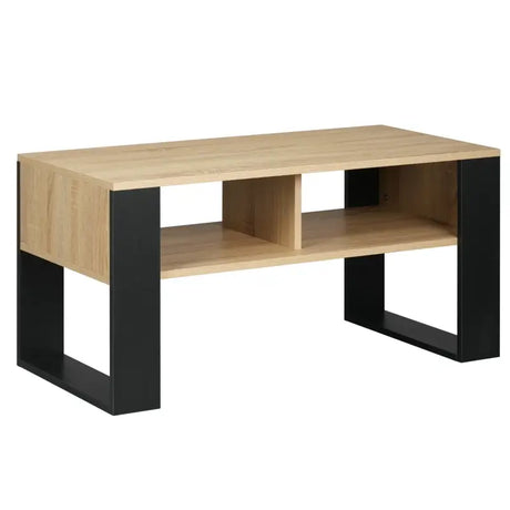 Robuuste BukkitBow bijzettafel in licht of donker hout met ruime opslag, modern design, geschikt als salontafel of bijzettafel.