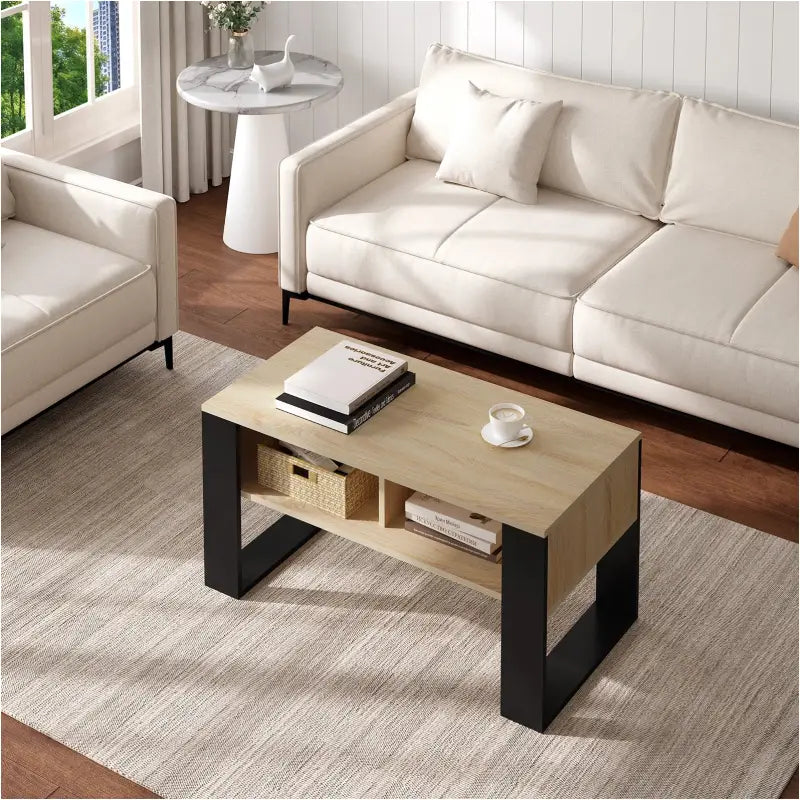Robuuste BukkitBow salontafel van licht of donker hout met ruime opbergruimte, modern design, bijzettafel voor woonkamer.