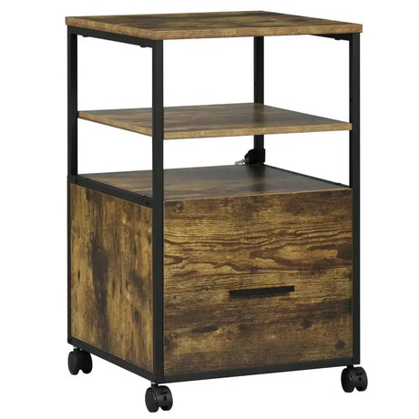 Verrijdbare BukkitBow rolcontainer archiefkast met 1 lade en 2 open vakken, afmetingen 40x40x66cm, zwart metalen opslag.