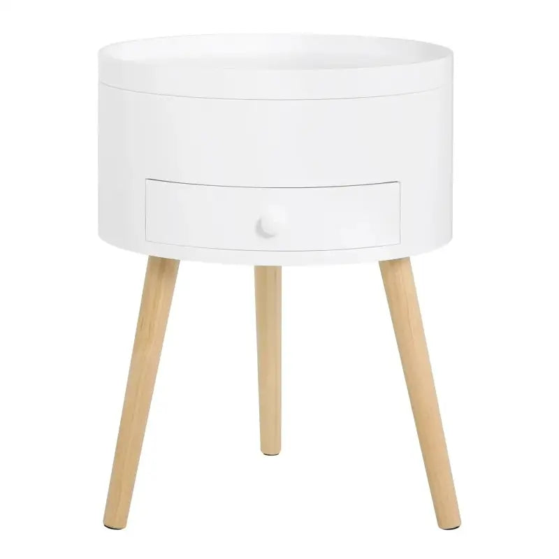 Rond BukkitBow nachtkastje van MDF en massief hout met lade en openende klep, 38x38x50cm, maximale belasting 10kg.