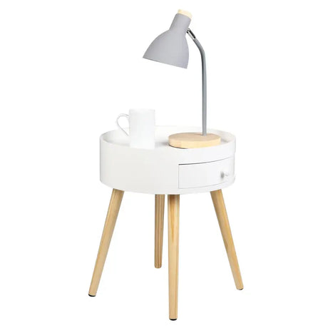 Rond BukkitBow nachtkastje van MDF en massief hout met lade, afmetingen 38x38x45,5cm, geschikt voor maximaal 10kg.