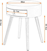 Rond BukkitBow nachtkastje van MDF en massief hout met lade, afmetingen 38x38x45,5 cm, geschikt voor max 10 kg.