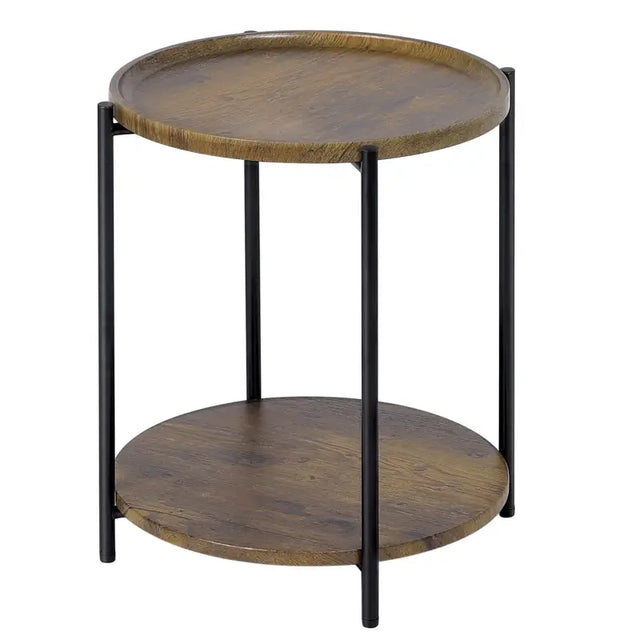 Ronde BukkitBow bijzettafel met dubbele plank, afneembaar dienblad en opstaande rand, vintage of eikenhout, 40 cm doorsnede.