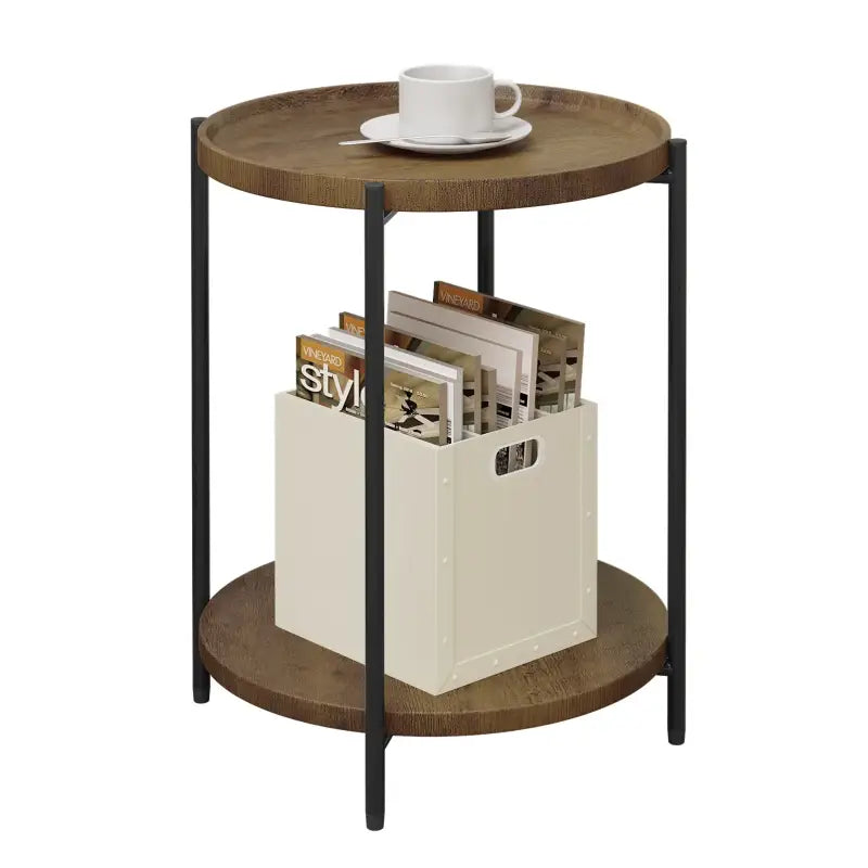 Ronde BukkitBow bijzettafel met dubbele plank, afneembaar dienblad en opstaande rand, van vintage of eikenhout, 40 cm doorsnede