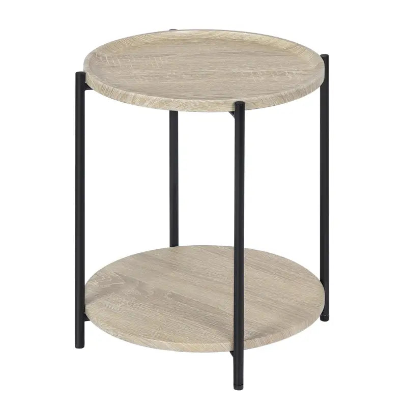 Ronde BukkitBow bijzettafel met dubbele plank, afneembaar dienblad en opstaande rand, vintage of eikenhout, 40cm doorsnede