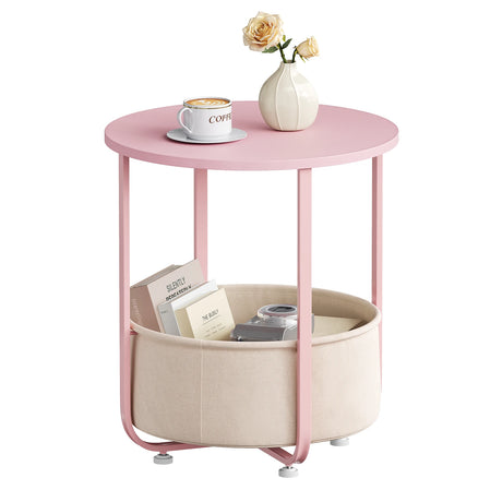 Ronde BukkitBow bijzettafel met stoffen opbergmand en metalen frame, stijlvolle en praktische woonaccessoire.