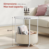 Ronde BukkitBow bijzettafel met stoffen opbergmand en metalen frame, modern en functioneel design