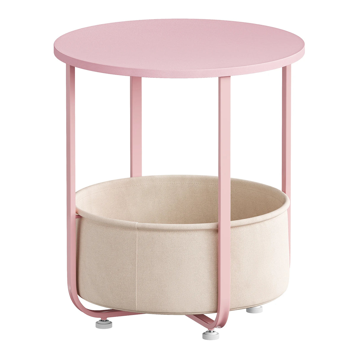 Ronde BukkitBow bijzettafel met stoffen opbergmand en metalen frame, modern en stijlvol interieuraccessoire