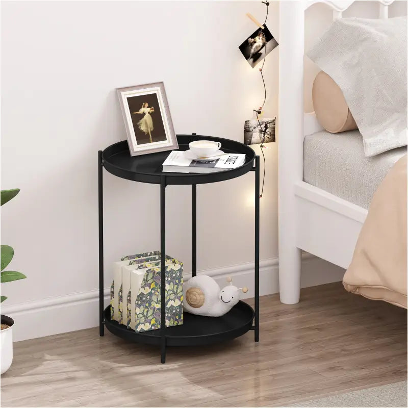 BukkitBow ronde metalen bijzettafel met afneembare dienbladen, 44x53cm, stijlvolle en praktische woonaccessoire