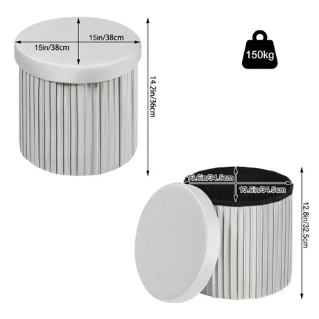 BukkitBow ronde compacte opbergpoef met zitkist, deskel en opbergruimte, 38x38x36 cm, stijlvolle voetenbank en opvouwbare poef