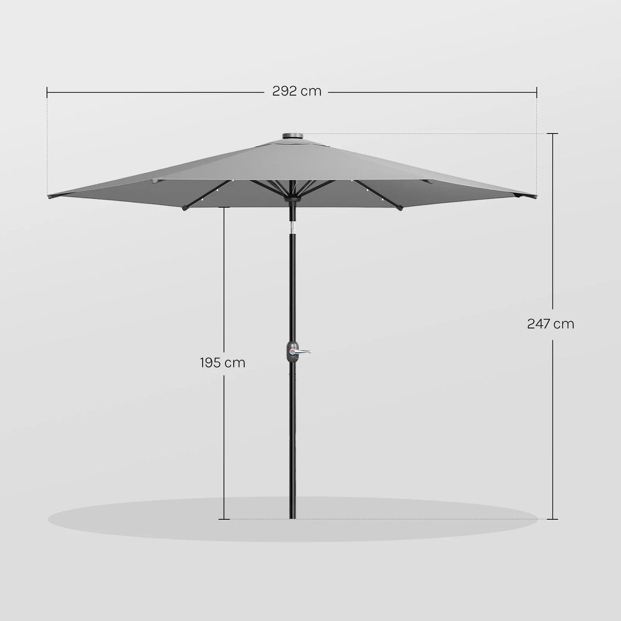 Ronde BukkitBow parasol 300cm met solar LED-verlichting en beschermhoes, geschikt voor buitengebruik.