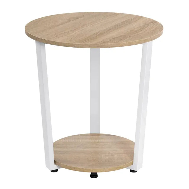 BukkitBow ronde salontafel met twee planken en zwart metalen frame, moderne bijzettafel voor woonkamer of zithoek