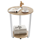 BukkitBow ronde salontafel met zwart metalen frame, twee houten planken, moderne bijzettafel voor woonkamer.