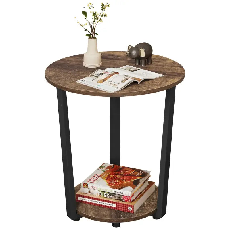 Moderne ronde salontafel van BukkitBow met zwart metalen frame en twee houten planken, compacte bijzettafel voor woonkamer.