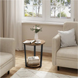 BukkitBow ronde bijzettafel met zwart metalen frame en twee houten planken, moderne kleine salontafel voor woonkamer en zitruimte