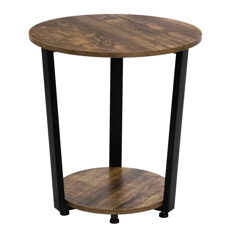 BukkitBow ronde salontafel met zwart metalen frame en twee houten planken, moderne en compacte bijzettafel.