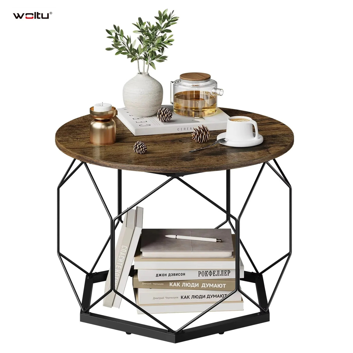 Ronde salontafel van hout en metaal met verborgen opbergruimte, industrieel design, door BukkitBow, bijzettafel voor woonkamer.
