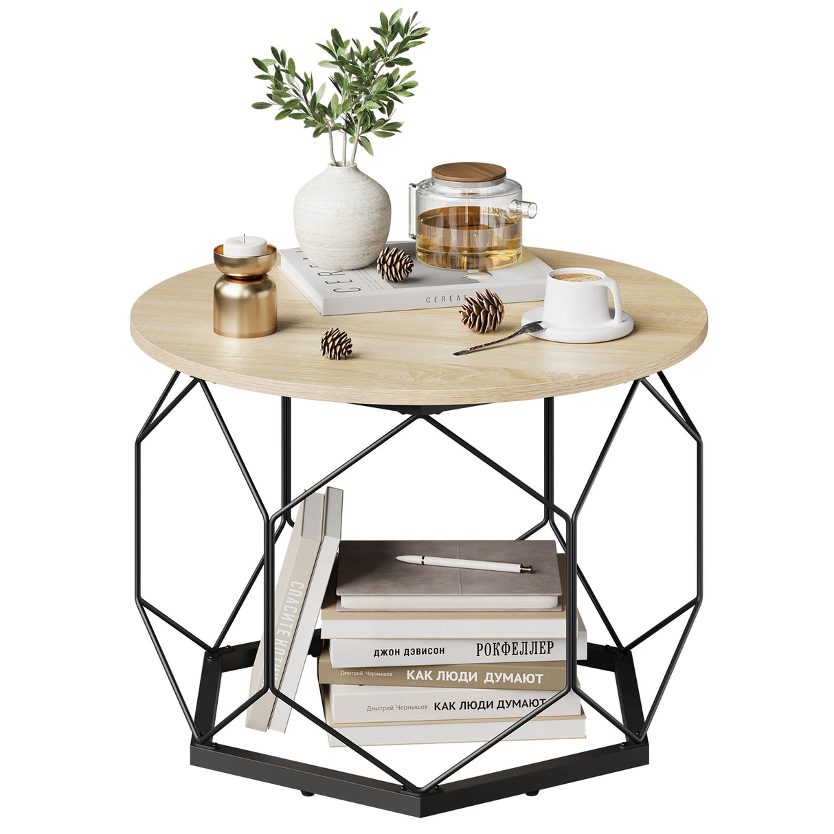 Ronde salontafel van BukkitBow met hout en metaal, industrieel ontwerp en verborgen opbergruimte, bijzettafel voor woonkamer.