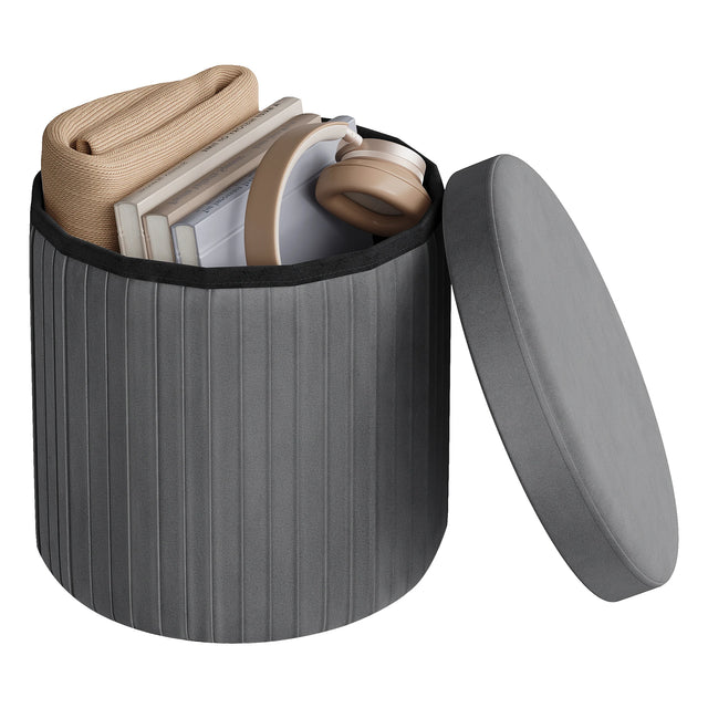 Ronde velvet opbergpoef van BukkitBow met opbergruimte, modern design en opvouwbaar voor stijlvolle opslag in de woonkamer.