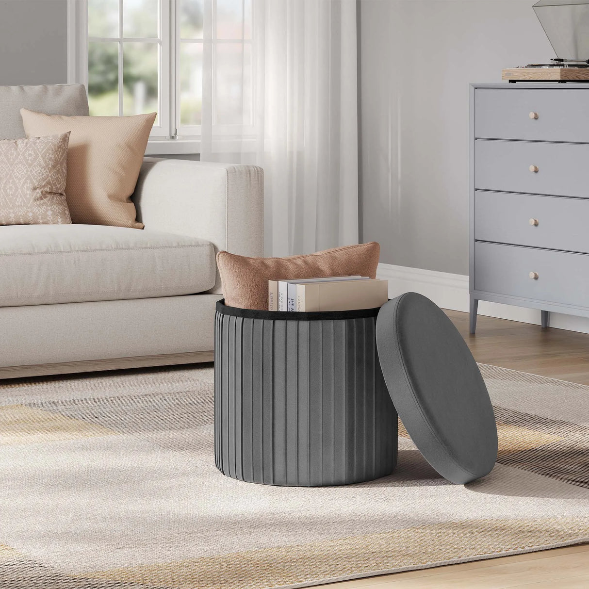 BukkitBow ronde velvet opbergpoef met opbergruimte, opvouwbaar en modern design, geschikt als zit- en opbergstuk.