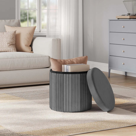 BukkitBow ronde velvet opbergpoef met opbergruimte, opvouwbaar en modern design, geschikt als zit- en opbergstuk.