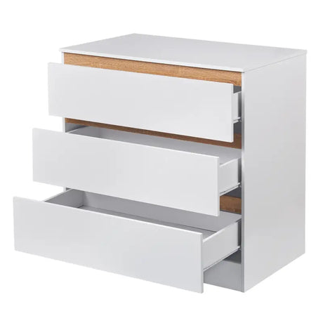 Dressoir van BukkitBow met 3 laden, spaanplaat melamine, 80x48x78cm, duurzaam en veilig ontwerp, in een moderne woonkamer.