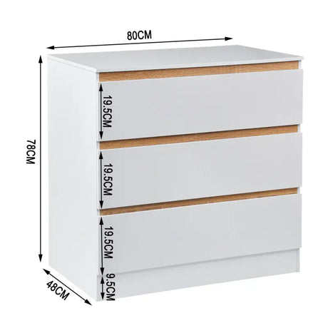 Ruime BukkitBow dressoir met 3 laden, E1 spaanplaat en melamine, duurzaam en veilig ontwerp, afmetingen 80x48x78cm.