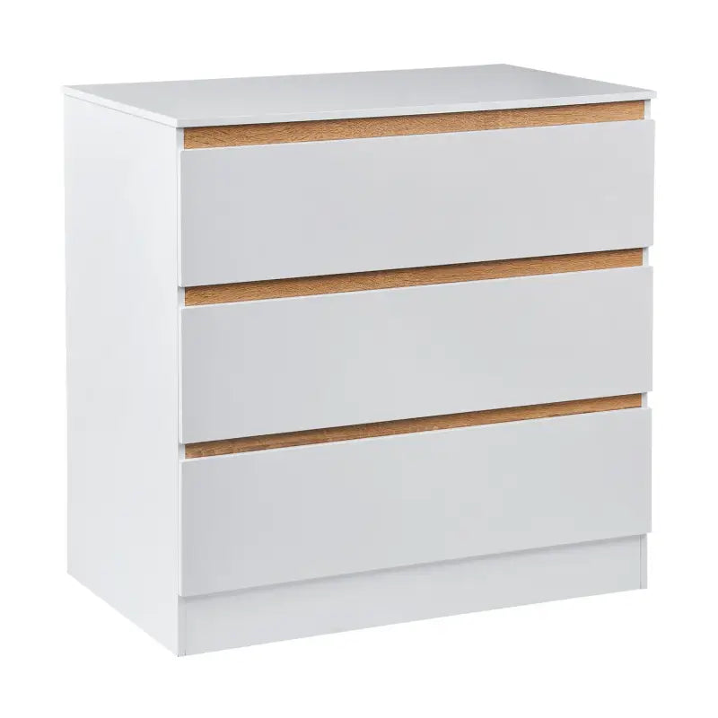 BukkitBow dressoir met 3 laden, E1 spaanplaat melamine, duurzaam en veilig ontwerp, afmetingen 80x48x78cm, in wit en houtlook.