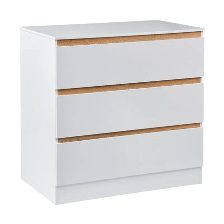 BukkitBow dressoir met 3 laden, E1 spaanplaat melamine, duurzaam en veilig ontwerp, afmetingen 80x48x78cm, in wit en houtlook.