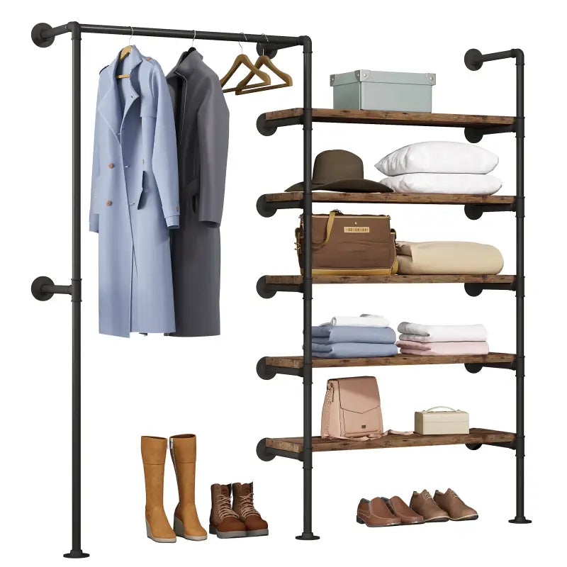 BukkitBow ruimtebesparende muur garderobe in zwart met vintage hout, industrieel kledingrek, tot 150kg draagvermogen, 187,5x35x184cm