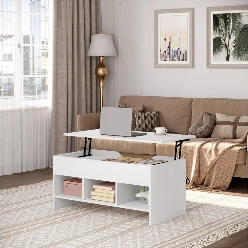 Witte BukkitBow salontafel met uitschuifbaar blad, opbergruimte en vakken, bijzettafel voor woonkamer.