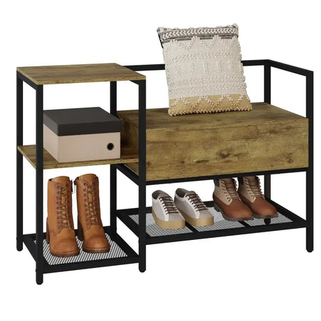 BukkitBow schoenenrek met kleine zitting, zwart metalen schoenenkast met vintage bruin houten details, stevige metalen constructie