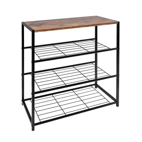 BukkitBow schoenenrek met plank, stevig en stabiel, multifunctioneel als decoratie tafel, 63x30x63cm, zwart metalen frame.