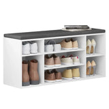 BukkitBow schoenenrek en schoenenkast met zitkussen, kubusvorm, wit en grijs, praktische opberger en comfortabele zitbank.