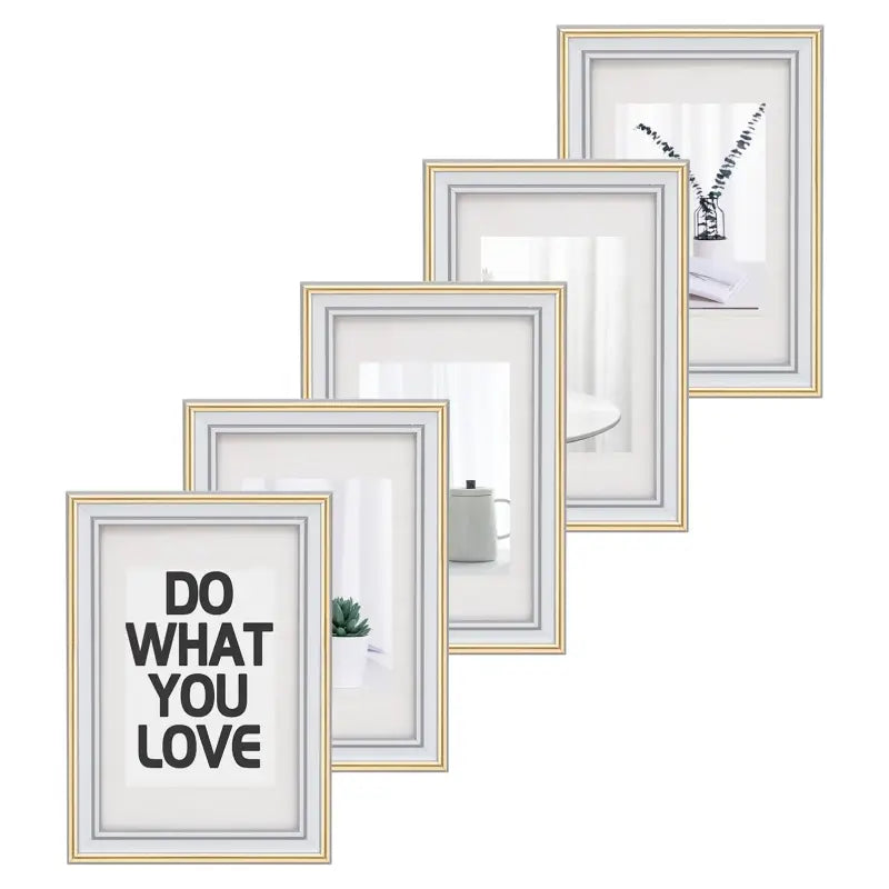 Set van 5 BukkitBow fotolijsten met glazen beschermplaat in diverse maten, geschikt voor het presenteren van foto's en kunstwerken.