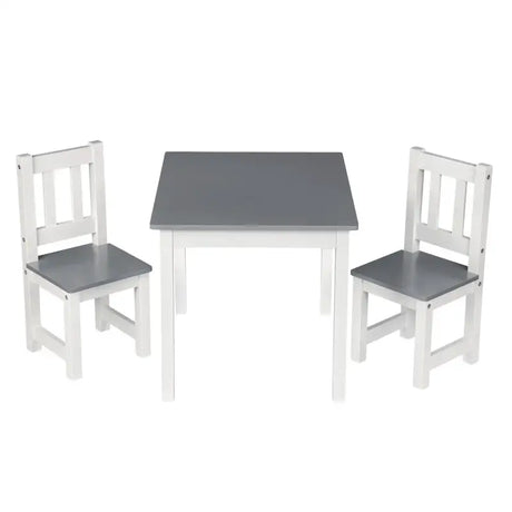 BukkitBow kindertafel met 2 stoelen, compact en veilig ontwerp, afmetingen 60x50x48cm, geschikt voor kinderen, wit en houtlook.