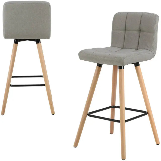 BukkitBow set van 2 barkrukken met massieve houten poten, linnen zitting en vloerbescherming, ergonomisch ontwerp voor comfortabele zit.