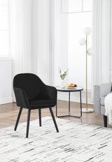 Set van 2 BukkitBow eetkamerstoelen met fluwelen bekleding, armleuningen en houten poten, gestoffeerd voor comfort.