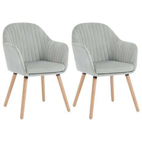 Set van 2 BukkitBow eetkamerstoelen met fluwelen bekleding, armleuningen en houten poten, gestoffeerde zit en rugleuning.