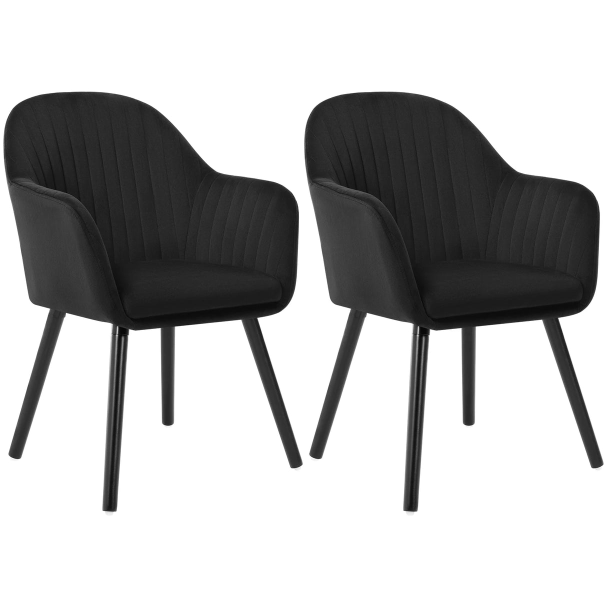 Set van 2 BukkitBow eetkamerstoelen met fluwelen bekleding, armleuningen en houten poten, gestoffeerd voor comfort.