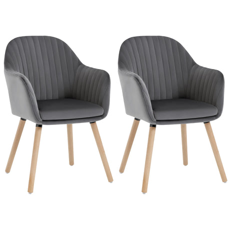 Set van 2 BukkitBow eetkamerstoelen met fluwelen bekleding, armleuningen en houten poten, gestoffeerd voor comfort.