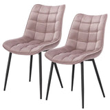 Set van 2 BukkitBow eetkamerstoelen met leren, stoffen en fluwelen bekleding, metalen poten en ergonomisch ontwerp.