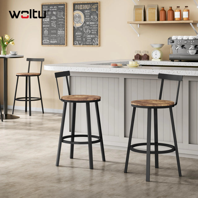 Set van 2 industriële barkrukken van BukkitBow met houten zitting, rugleuning, voetsteun en stalen frame voor keuken en eetkamer