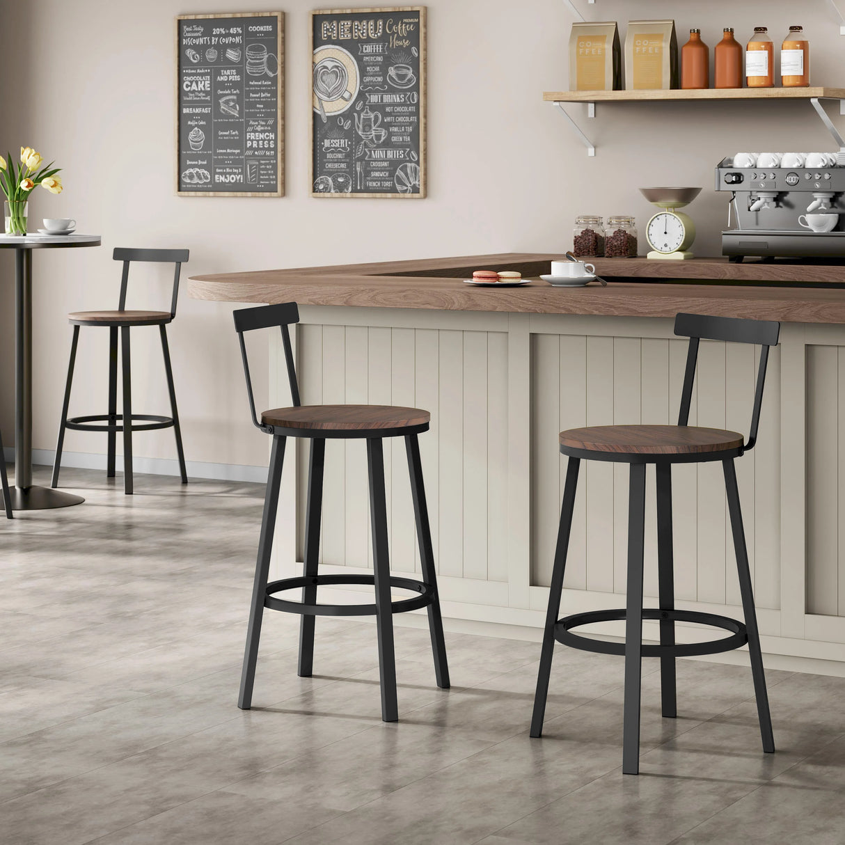 BukkitBow set van 2 industriële barkrukken met houten zitting, rugleuning en voetsteun, stalen frame voor keuken en eetkamer